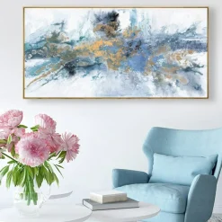 Abstract Wall Art Canvas – Navy Blue & Yellow, 20"x40", Modern Framed Painting for Living Room, Bedroom, Office