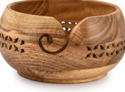 Acacia Wood Yarn Bowl Holder, 7 Inch Handmade Crochet and Knitting Organizer, Portable Yarn Storage for Crafting Workspace Decor