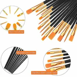 Acrylic Paint Brush Set, (20 Packs /200 pcs) Nylon Hair Brushes for Oil and Watercolor, Perfect Suit of Art Painting, Best Gift for Painting, Black