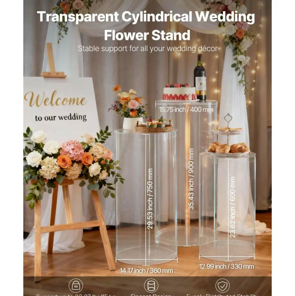 Acrylic 3-Piece Round Cylinder Wedding Flower Pedestal Stands
