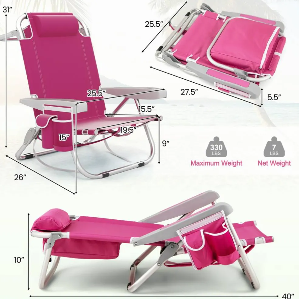 Adjustable Beach Chair with Cup Holder and Storage for Outdoor Relaxation