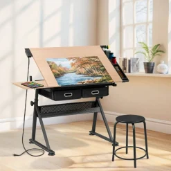 Adjustable Drafting Table with Stool & Power Outlet – Drawing Desk Workstation