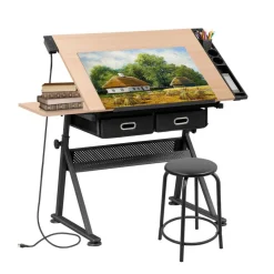 Adjustable Drafting Table with Stool & Power Outlet – Drawing Desk Workstation