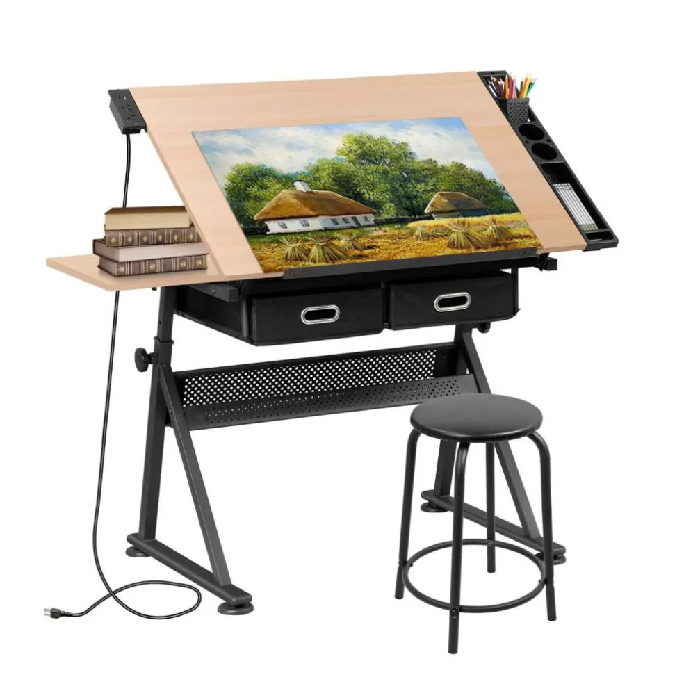 Adjustable Drafting Table with Stool & Power Outlet – Drawing Desk Workstation