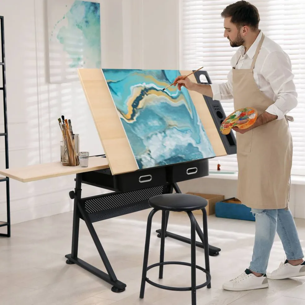 Adjustable Drafting Table with Stool – Artist Drawing Desk with Tilted Tabletop