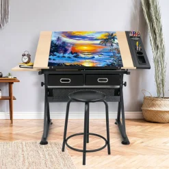 Adjustable Drafting Table with Stool – Artist Drawing Desk with Tilted Tabletop