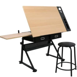 Adjustable Drafting Table with Stool – Artist Drawing Desk with Tilted Tabletop