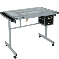 Adjustable Glass Drafting Table on Wheels – Drawing Desk with Storage Drawer