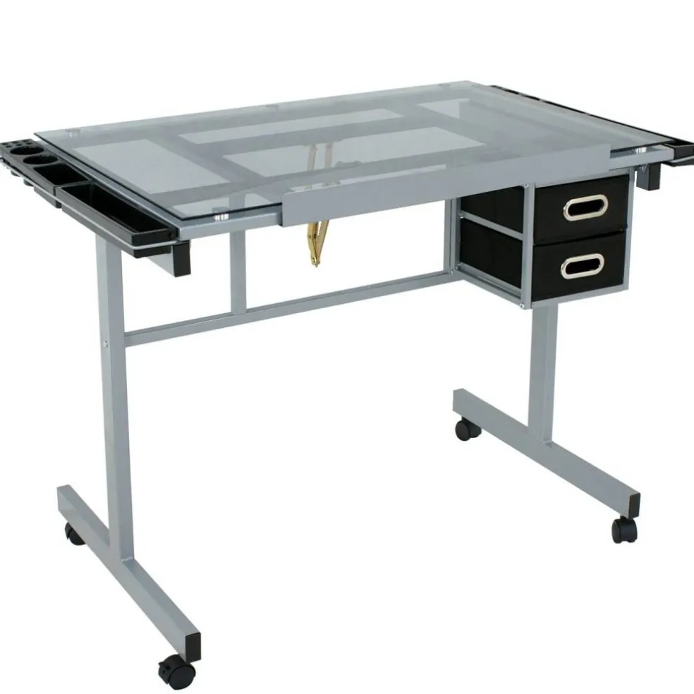 Adjustable Glass Drafting Table on Wheels – Drawing Desk with Storage Drawer