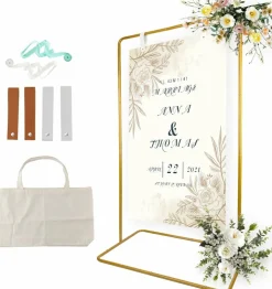 Adjustable Gold Wedding Sign Holder Stand with Leather Hanging Straps Satin Ribbon and Carry Bag Heavy Duty Metal Easel for Welcome Signs Seating Charts Posters Event Displays