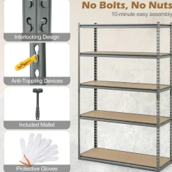 Adjustable Metal Storage Shelves 5 Tier Garage Shelving Unit with MDF Boards Boltless Utility Rack for Warehouse Kitchen and Basement