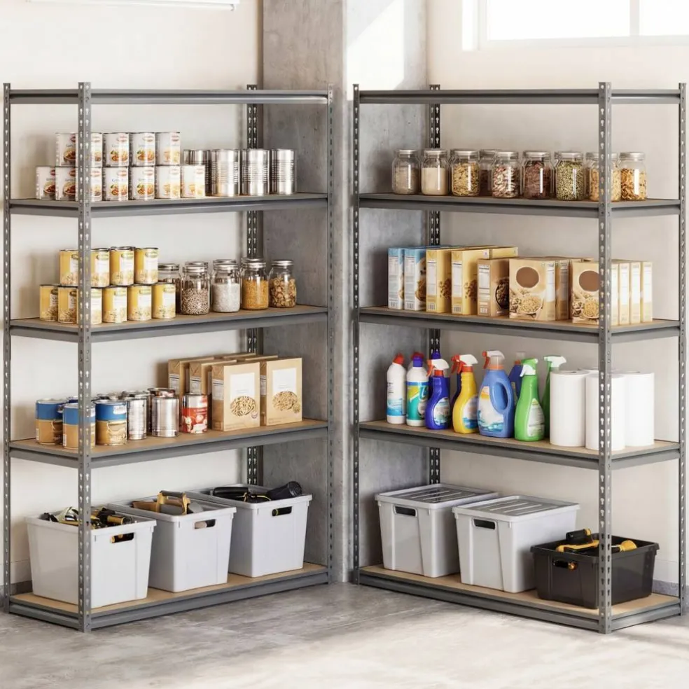 Adjustable Metal Storage Shelves 5 Tier Garage Shelving Unit with MDF Boards Boltless Utility Rack for Warehouse Kitchen and Basement