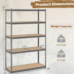Adjustable Metal Storage Shelves 5 Tier Garage Shelving Unit with MDF Boards Boltless Utility Rack for Warehouse Kitchen and Basement