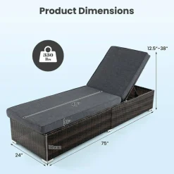 Adjustable Outdoor Lounge Chair Rattan Chaise with Thick Cushion Patio Deck Chair