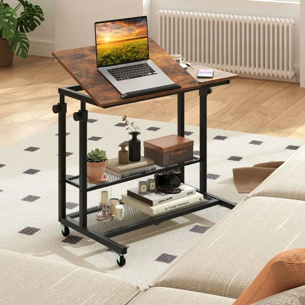 Adjustable Rolling Laptop Desk, 25-35 in Height, Tilting Tabletop, 2 Storage Shelves, 4 Wheels with 2 Brakes, Mobile Stand-Up Computer Desk