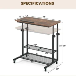 Adjustable Rolling Laptop Desk, 25-35 in Height, Tilting Tabletop, 2 Storage Shelves, 4 Wheels with 2 Brakes, Mobile Stand-Up Computer Desk
