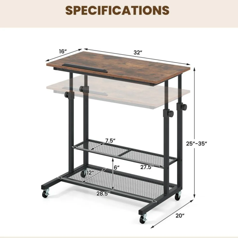 Adjustable Rolling Laptop Desk, 25-35 in Height, Tilting Tabletop, 2 Storage Shelves, 4 Wheels with 2 Brakes, Mobile Stand-Up Computer Desk
