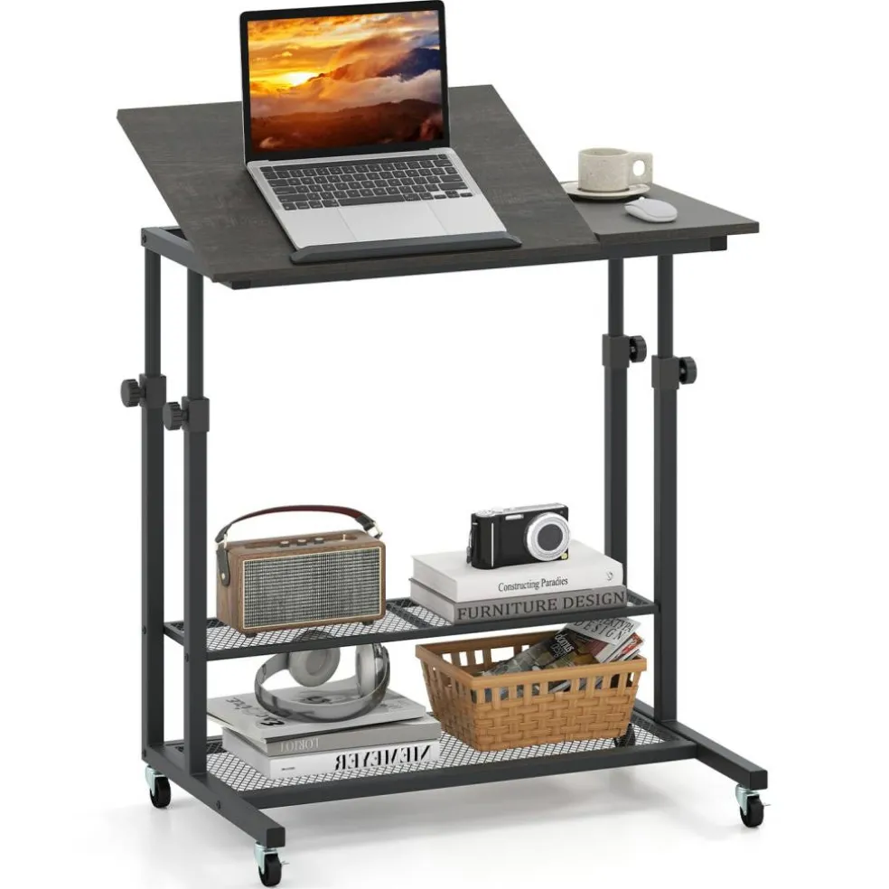 Adjustable Rolling Laptop Desk, 25-35 in Height, Tilting Tabletop, 2 Storage Shelves, 4 Wheels with 2 Brakes, Mobile Stand-Up Computer Desk