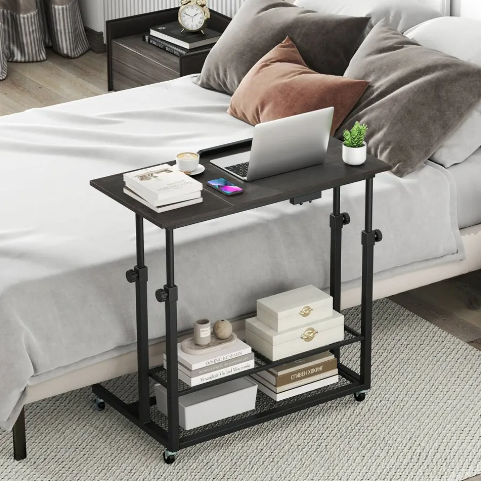 Adjustable Rolling Laptop Desk, 25-35 in Height, Tilting Tabletop, 2 Storage Shelves, 4 Wheels with 2 Brakes, Mobile Stand-Up Computer Desk
