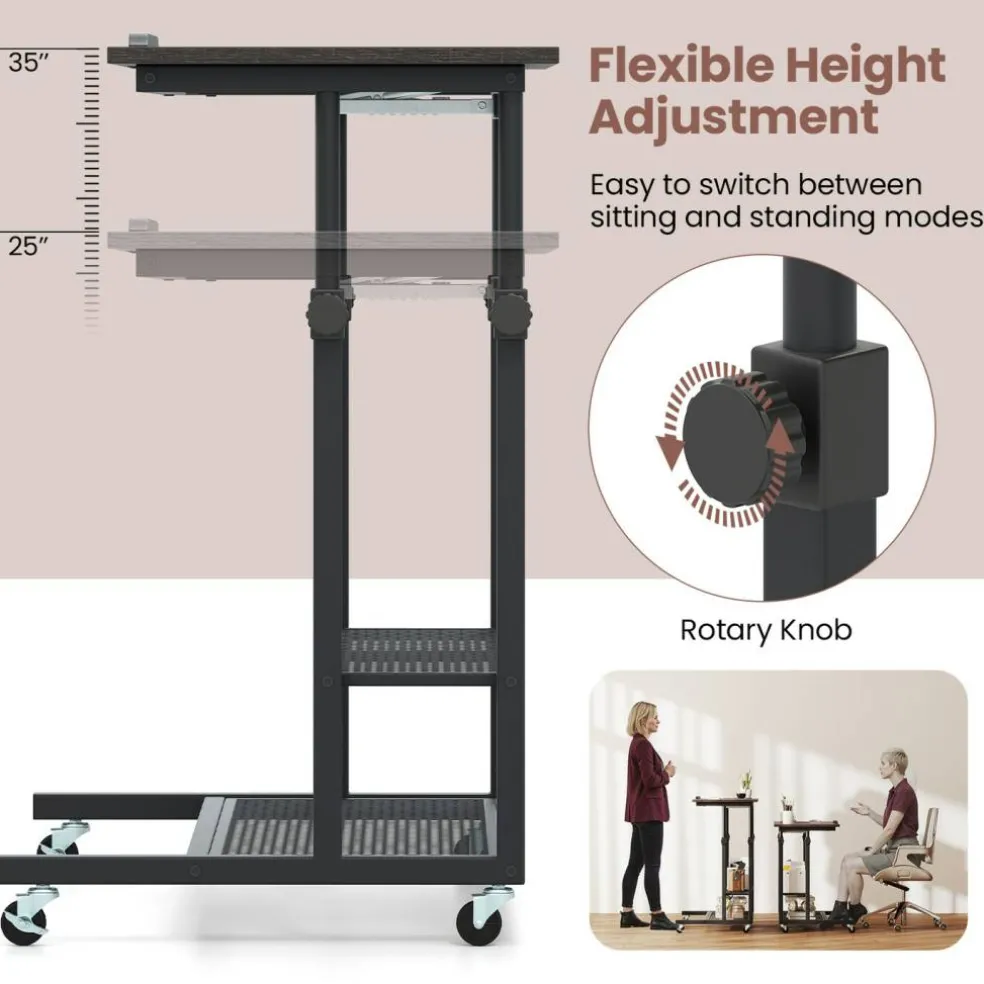 Adjustable Rolling Laptop Desk, 25-35 in Height, Tilting Tabletop, 2 Storage Shelves, 4 Wheels with 2 Brakes, Mobile Stand-Up Computer Desk