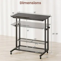 Adjustable Rolling Laptop Desk, 25-35 in Height, Tilting Tabletop, 2 Storage Shelves, 4 Wheels with 2 Brakes, Mobile Stand-Up Computer Desk