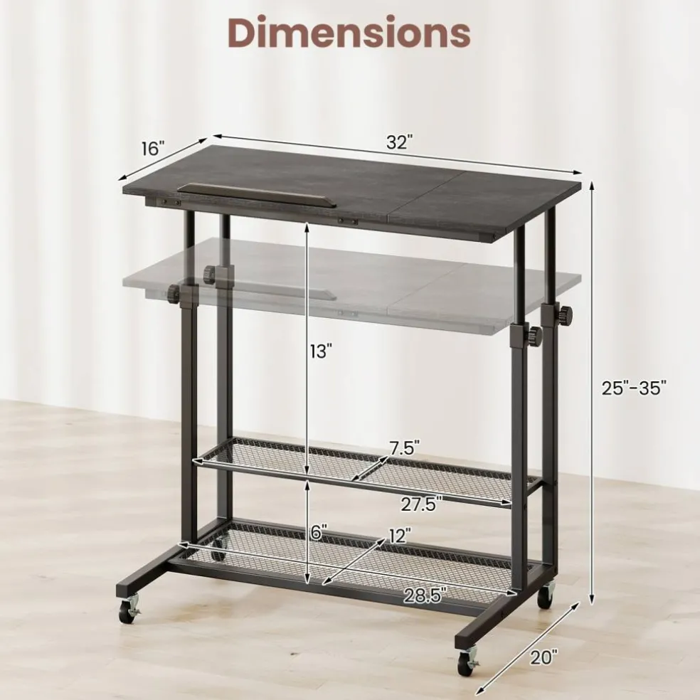 Adjustable Rolling Laptop Desk, 25-35 in Height, Tilting Tabletop, 2 Storage Shelves, 4 Wheels with 2 Brakes, Mobile Stand-Up Computer Desk