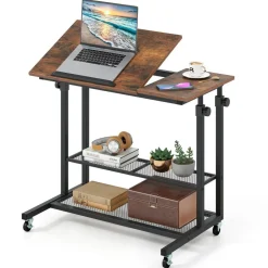 Adjustable Rolling Laptop Desk, 25-35 in Height, Tilting Tabletop, 2 Storage Shelves, 4 Wheels with 2 Brakes, Mobile Stand-Up Computer Desk