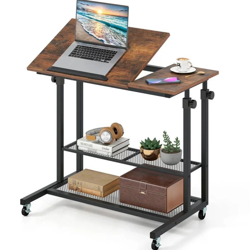Adjustable Rolling Laptop Desk, 25-35 in Height, Tilting Tabletop, 2 Storage Shelves, 4 Wheels with 2 Brakes, Mobile Stand-Up Computer Desk