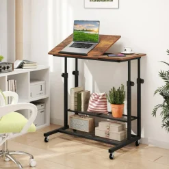Adjustable Rolling Laptop Desk, 25-35 in Height, Tilting Tabletop, 2 Storage Shelves, 4 Wheels with 2 Brakes, Mobile Stand-Up Computer Desk