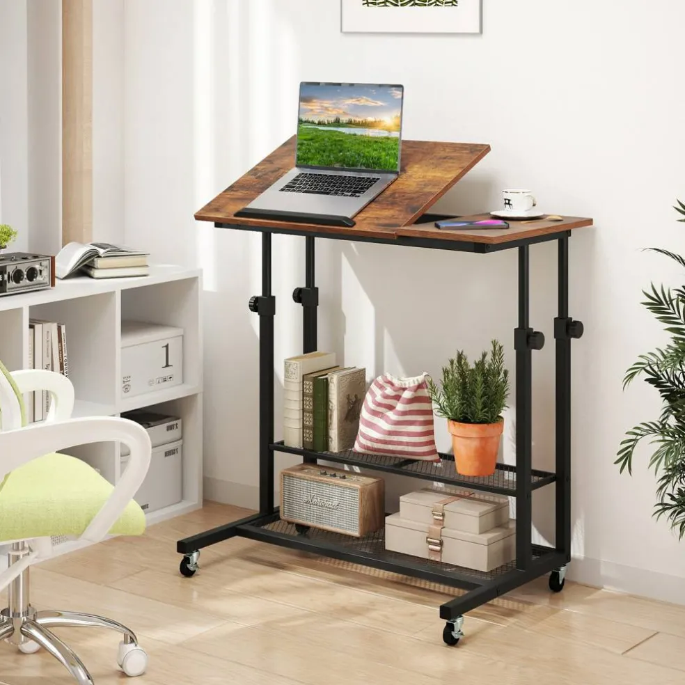 Adjustable Rolling Laptop Desk, 25-35 in Height, Tilting Tabletop, 2 Storage Shelves, 4 Wheels with 2 Brakes, Mobile Stand-Up Computer Desk