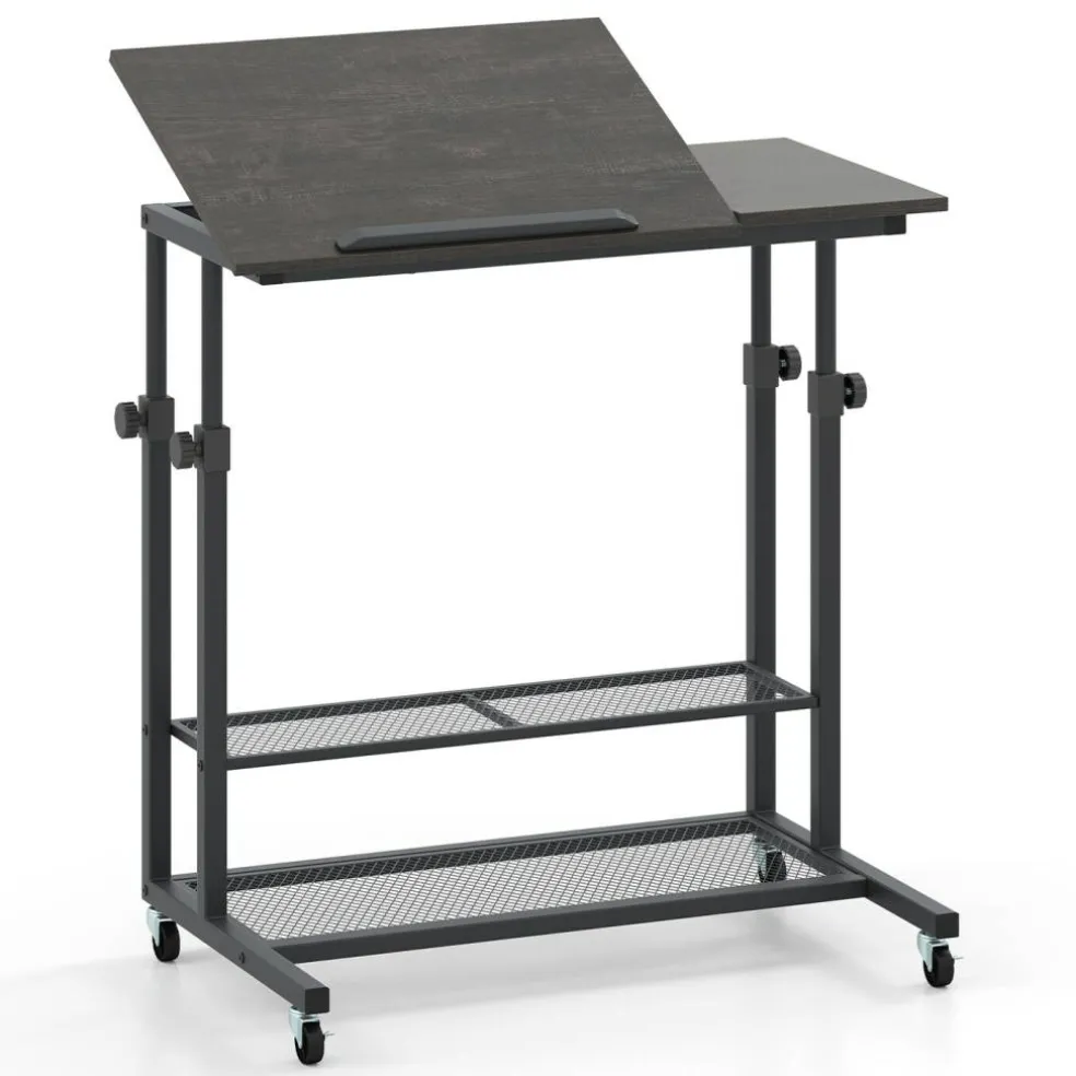 Adjustable Rolling Laptop Desk, 25-35 in Height, Tilting Tabletop, 2 Storage Shelves, 4 Wheels with 2 Brakes, Mobile Stand-Up Computer Desk