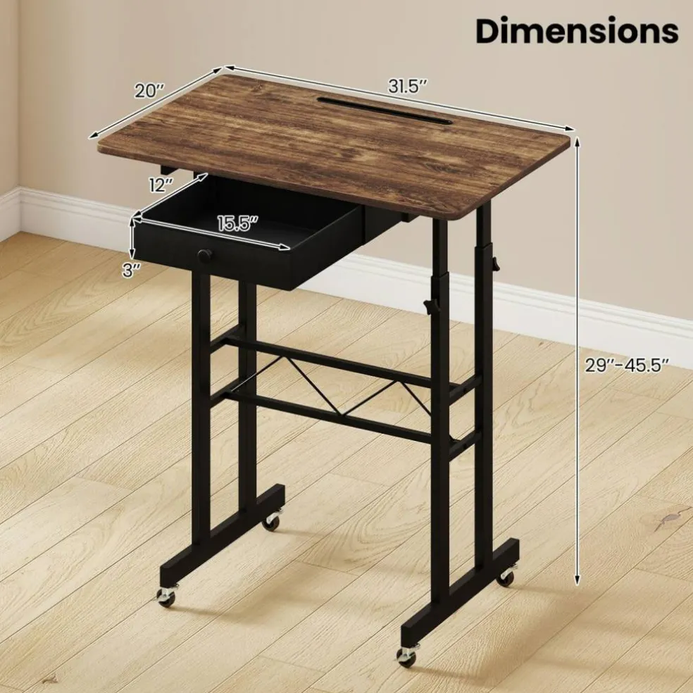 Adjustable Standing Desk, Height Sit Stand Computer Desk with Wheels, Tablet Holder and Fabric Drawer for Home Office, Bedroom and Classroom
