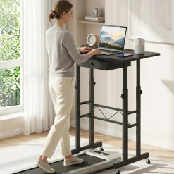 Adjustable Standing Desk, Height Sit Stand Computer Desk with Wheels, Tablet Holder and Fabric Drawer for Home Office, Bedroom and Classroom