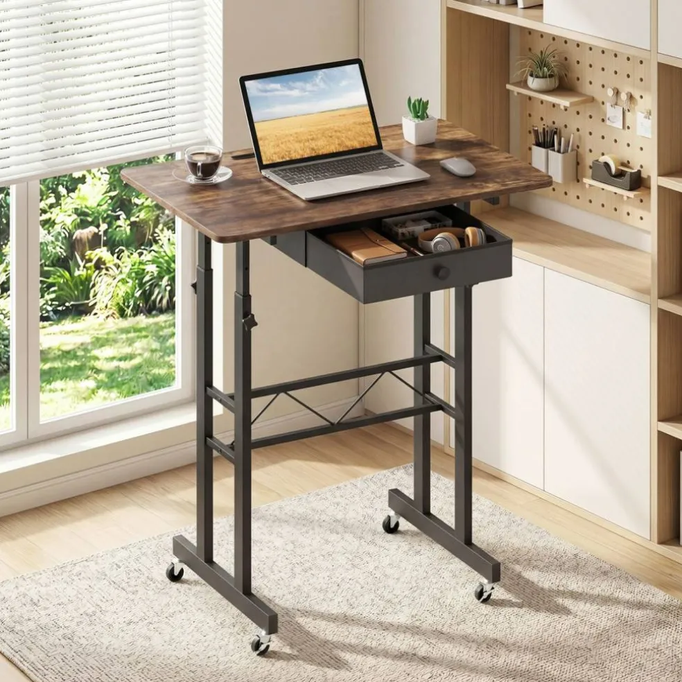 Adjustable Standing Desk, Height Sit Stand Computer Desk with Wheels, Tablet Holder and Fabric Drawer for Home Office, Bedroom and Classroom