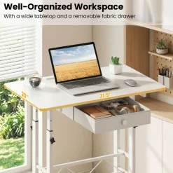 Adjustable Standing Desk, Height Sit Stand Computer Desk with Wheels, Tablet Holder and Fabric Drawer for Home Office, Bedroom and Classroom