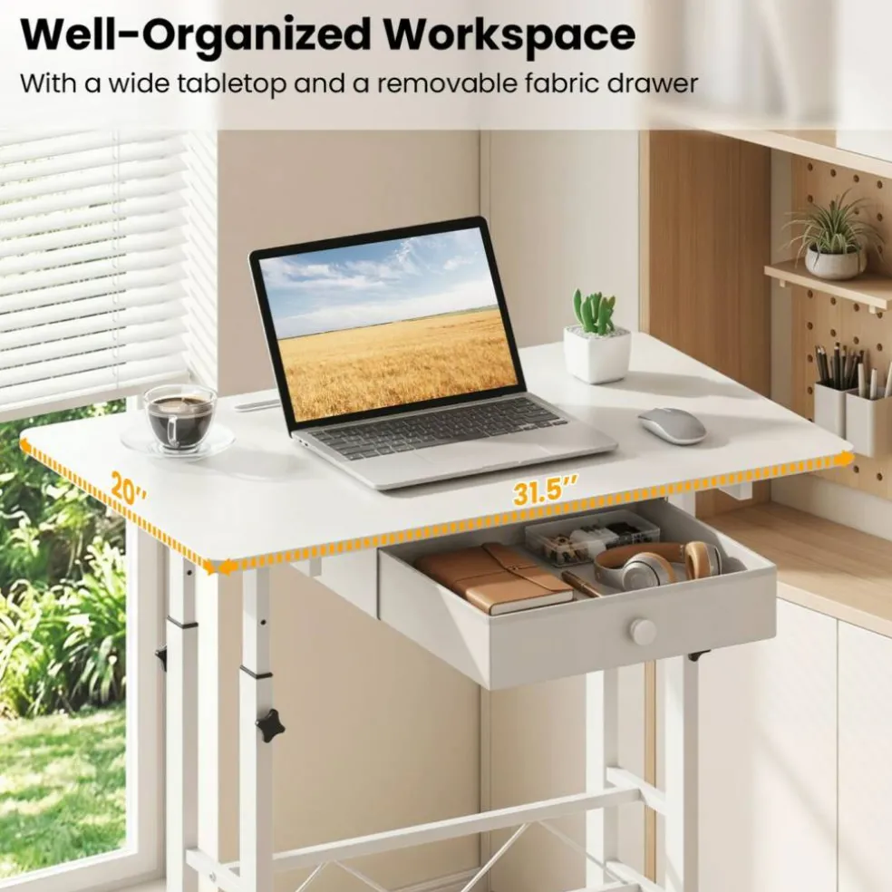 Adjustable Standing Desk, Height Sit Stand Computer Desk with Wheels, Tablet Holder and Fabric Drawer for Home Office, Bedroom and Classroom