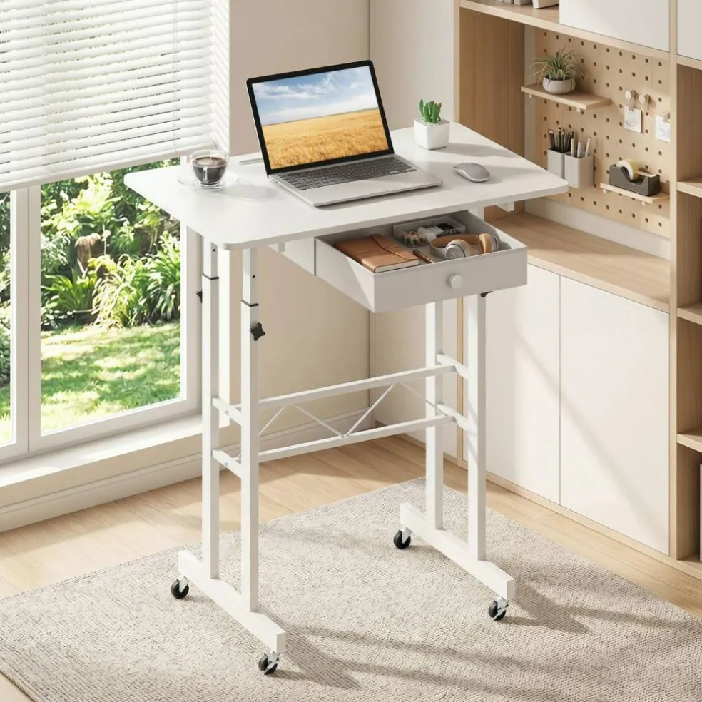 Adjustable Standing Desk, Height Sit Stand Computer Desk with Wheels, Tablet Holder and Fabric Drawer for Home Office, Bedroom and Classroom