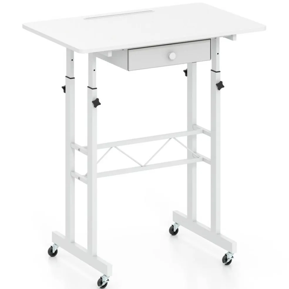 Adjustable Standing Desk, Height Sit Stand Computer Desk with Wheels, Tablet Holder and Fabric Drawer for Home Office, Bedroom and Classroom