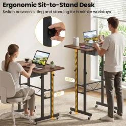 Adjustable Standing Desk, Height Sit Stand Computer Desk with Wheels, Tablet Holder and Fabric Drawer for Home Office, Bedroom and Classroom