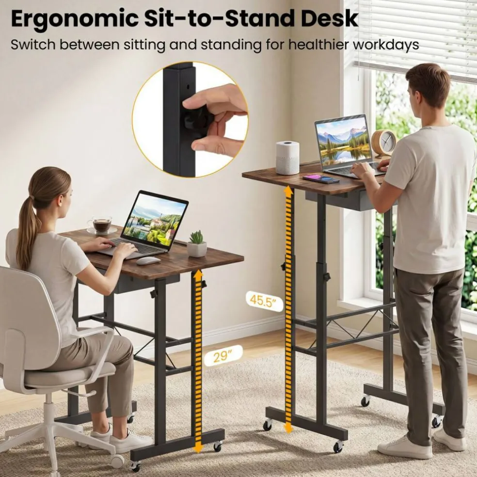 Adjustable Standing Desk, Height Sit Stand Computer Desk with Wheels, Tablet Holder and Fabric Drawer for Home Office, Bedroom and Classroom