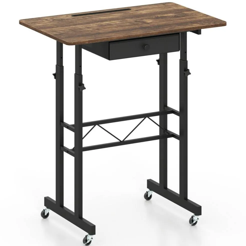 Adjustable Standing Desk, Height Sit Stand Computer Desk with Wheels, Tablet Holder and Fabric Drawer for Home Office, Bedroom and Classroom