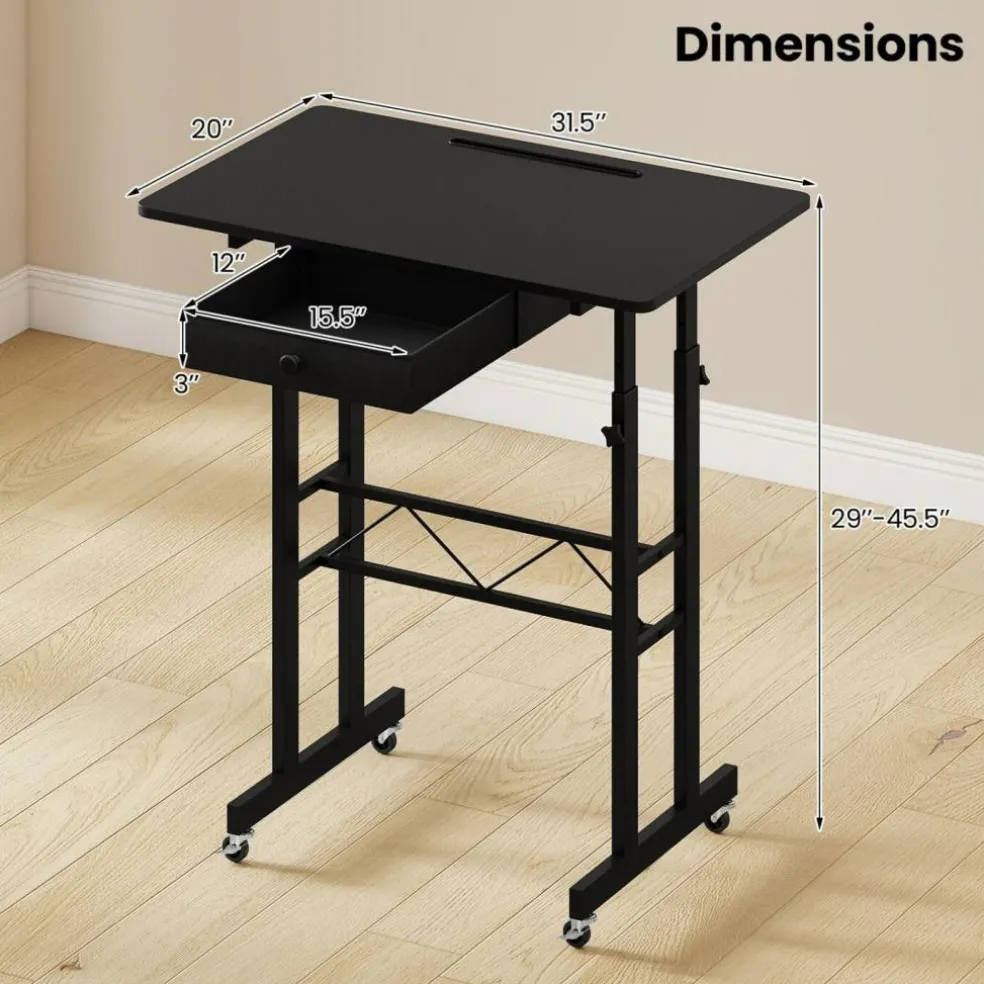 Adjustable Standing Desk, Height Sit Stand Computer Desk with Wheels, Tablet Holder and Fabric Drawer for Home Office, Bedroom and Classroom