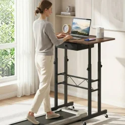 Adjustable Standing Desk, Height Sit Stand Computer Desk with Wheels, Tablet Holder and Fabric Drawer for Home Office, Bedroom and Classroom