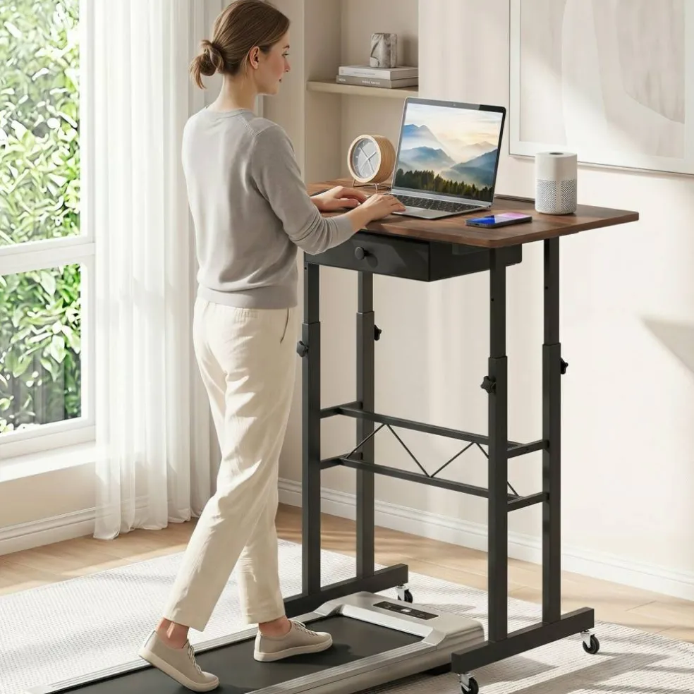 Adjustable Standing Desk, Height Sit Stand Computer Desk with Wheels, Tablet Holder and Fabric Drawer for Home Office, Bedroom and Classroom