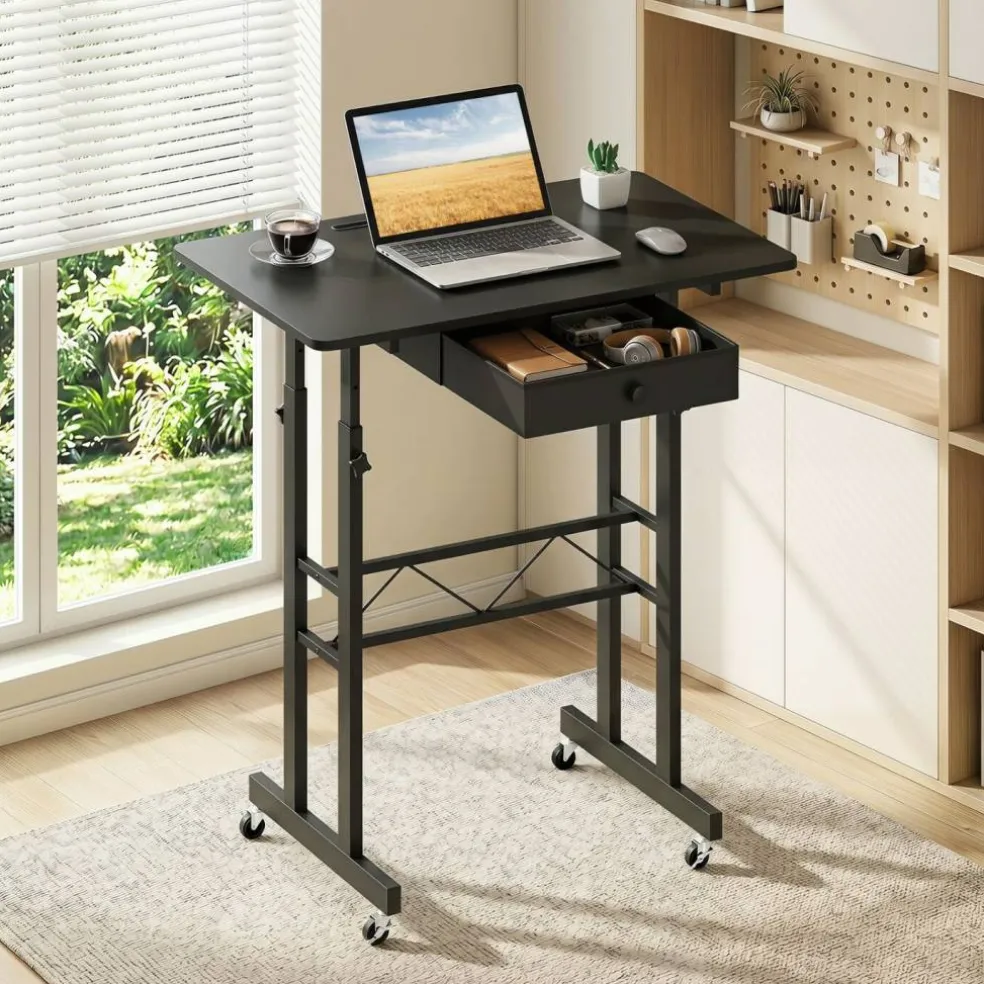 Adjustable Standing Desk, Height Sit Stand Computer Desk with Wheels, Tablet Holder and Fabric Drawer for Home Office, Bedroom and Classroom