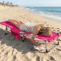 Adjustable Sun Lounger Chair with Face Opening, Folding Beach Tanning Chair with Carry Strap, Breathable Fabric Recliner with 4-Level Backrest, Outdoor Patio Lounge Chair