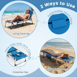 Adjustable Sun Lounger Chair with Face Opening, Folding Beach Tanning Chair with Carry Strap, Breathable Fabric Recliner with 4-Level Backrest, Outdoor Patio Lounge Chair