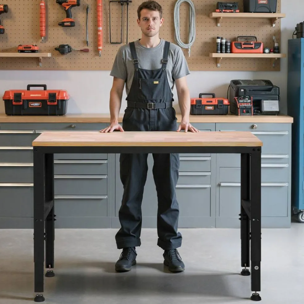 Adjustable Workbench Steel Oak Garage Workshop Table