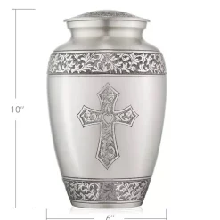 Adult Cremation Funeral Urn for Human Ashes, Pewter Etched Cross with Velvet Bag