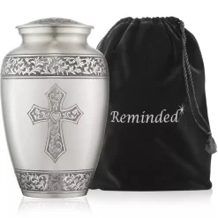 Adult Cremation Funeral Urn for Human Ashes, Pewter Etched Cross with Velvet Bag
